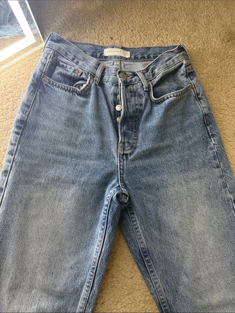 Topshop High-Rise Button-Fly Jeans in Light Denim